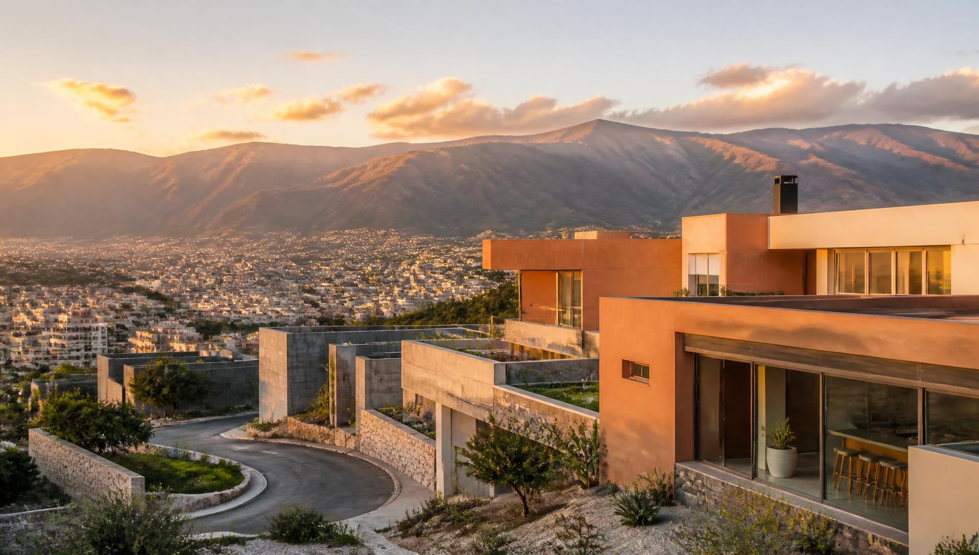 Arquitectura residencial moderna en Salta con vista a los cerros al atardecer